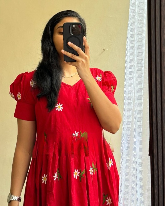 Women Red Cotton Embroidery Midi Dress