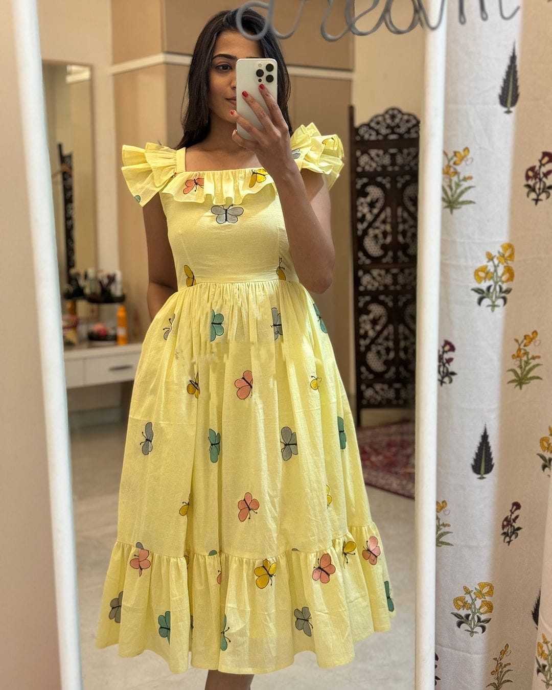 Women Yellow Cotton Embroidery Midi Dress