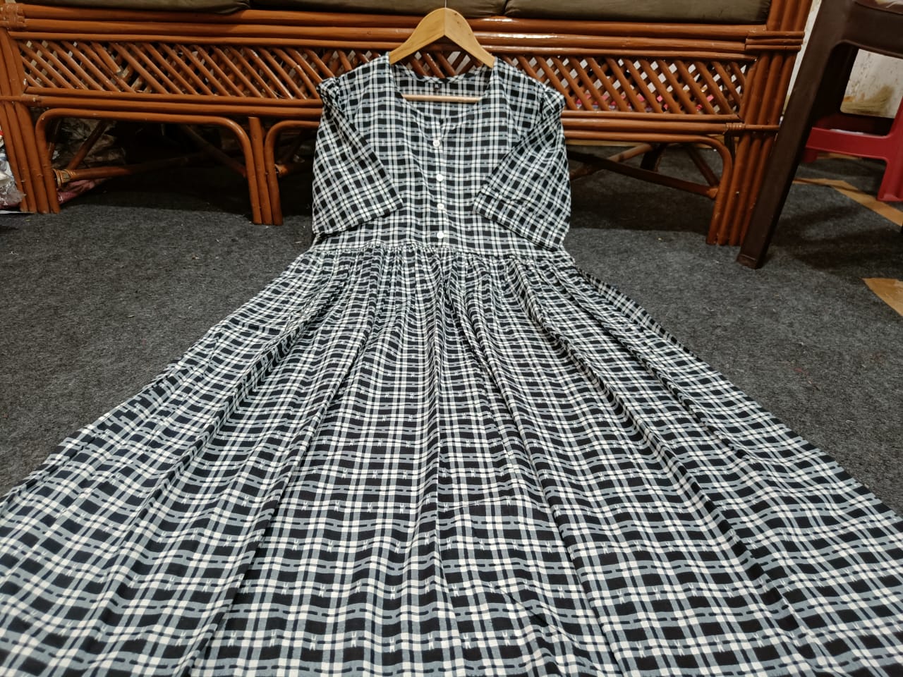 Women Checks Cotton Midi Dress