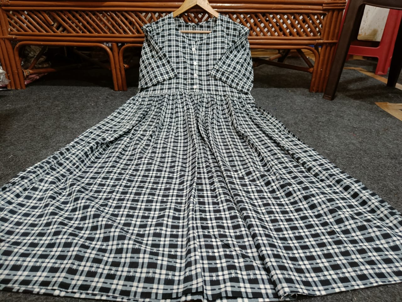 Women Checks Cotton Midi Dress