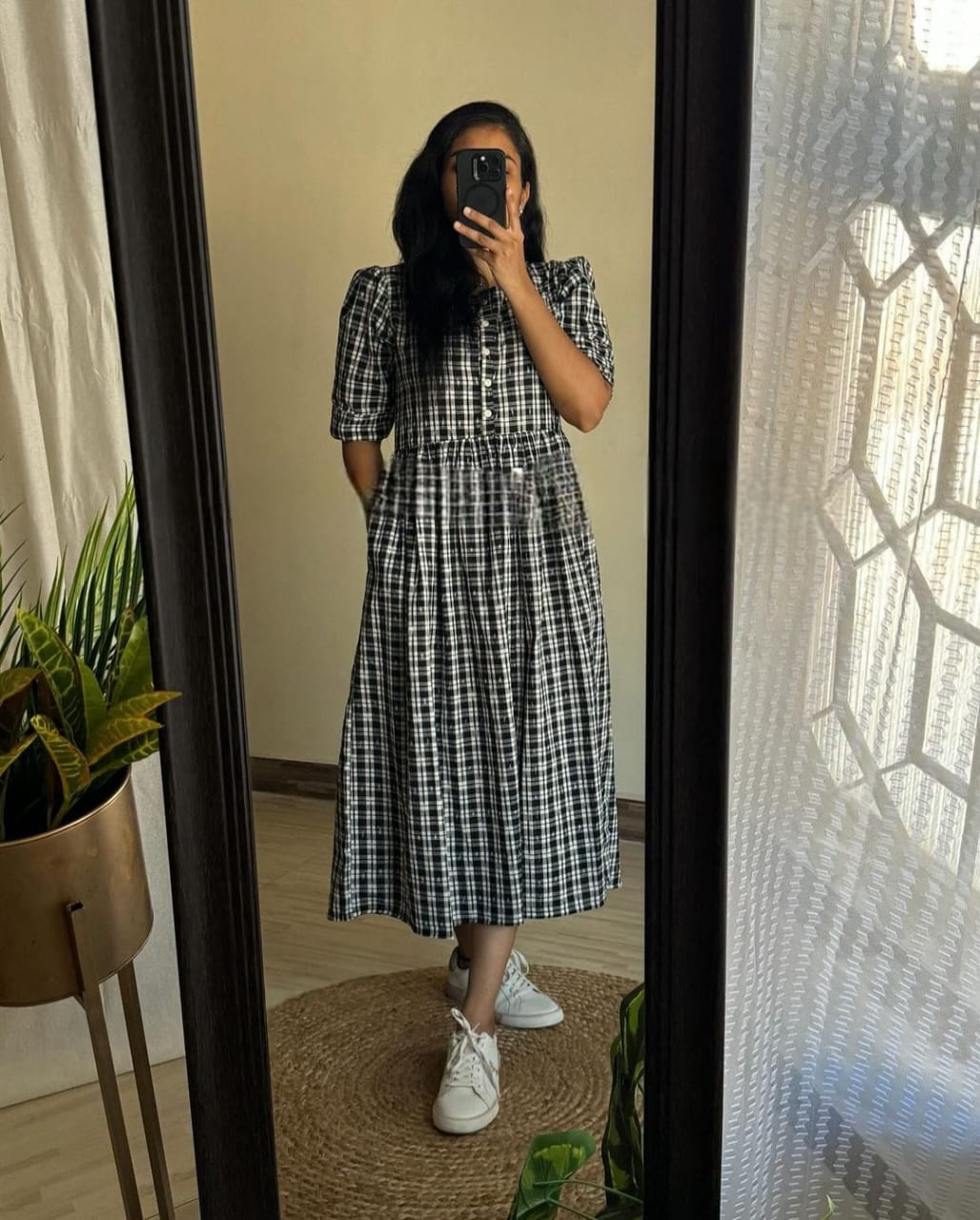 Women Checks Cotton Midi Dress