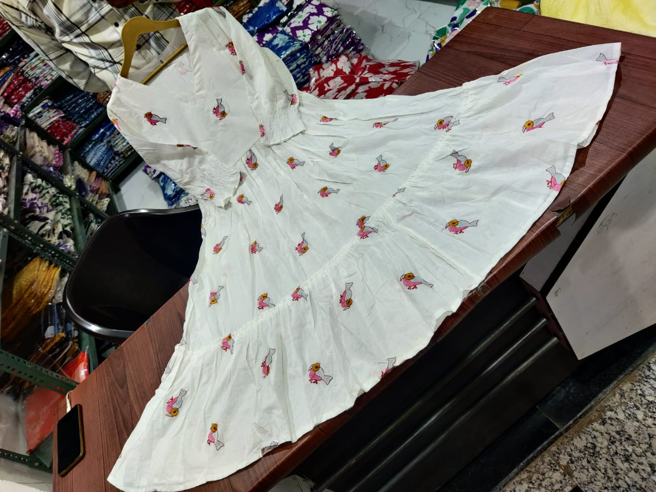 Women Cotton Bird Embroidery White Midi Dress
