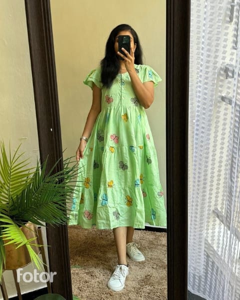 Women Cotton Green Embroidery Midi Dress