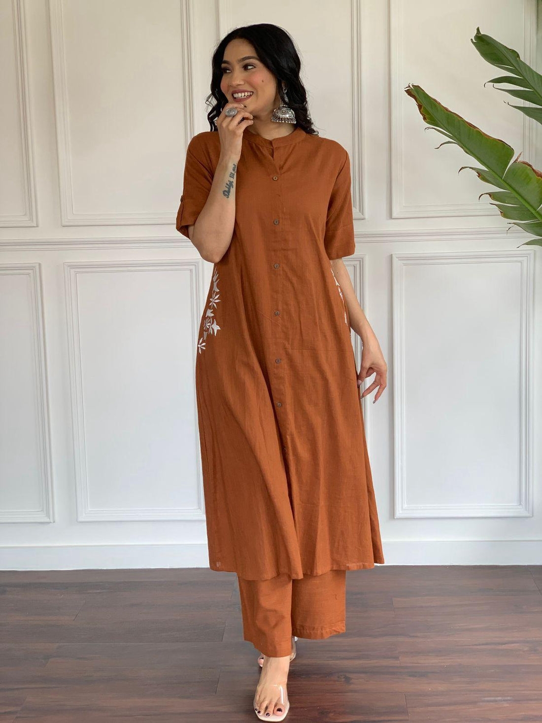 Pure cotton hand embroidered kurta palazzo co ord set