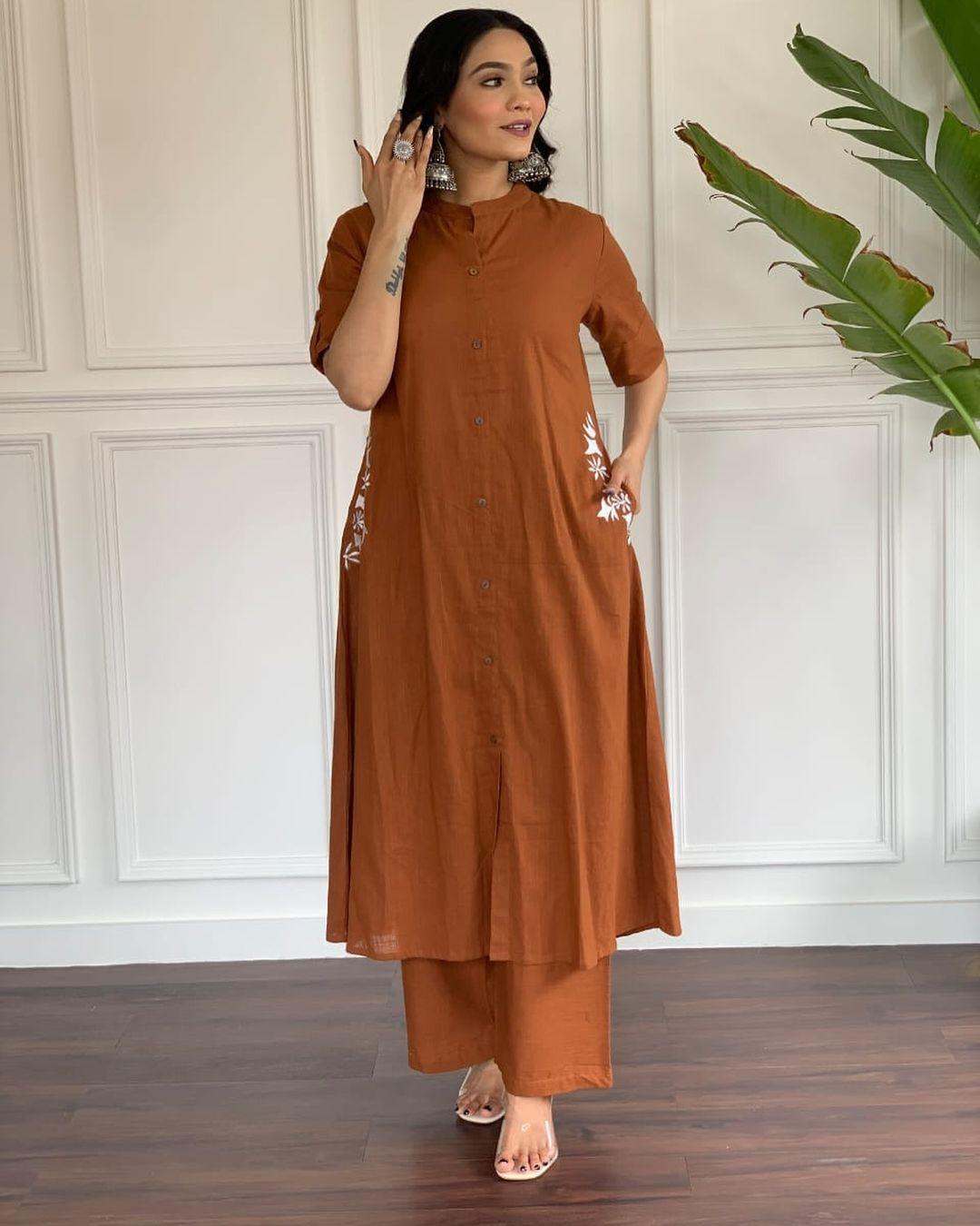 Pure cotton hand embroidered kurta palazzo co ord set