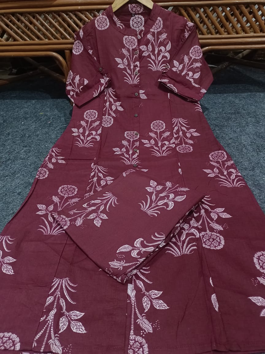 Women Cotton Brownish Maroon Kurta Pant set