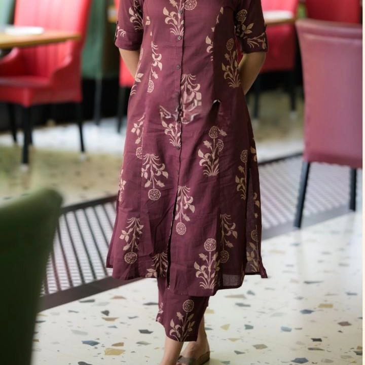 Women Cotton Brownish Maroon Kurta Pant set