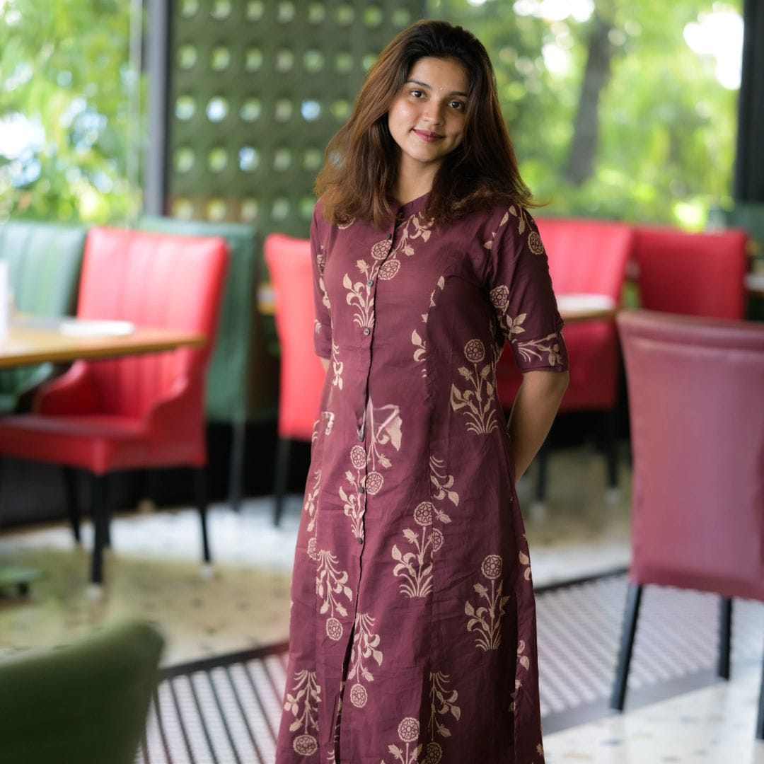 Women Cotton Brownish Maroon Kurta Pant set