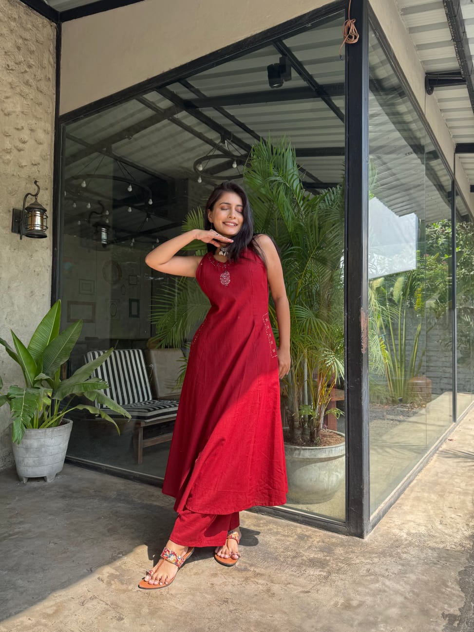 Red Cotton Embroidery Co-Ord Set