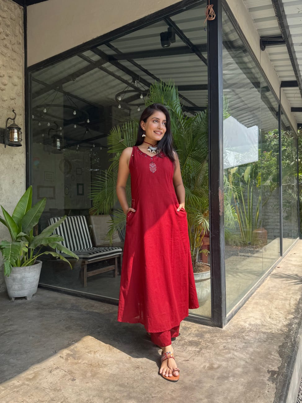Red Cotton Embroidery Co-Ord Set