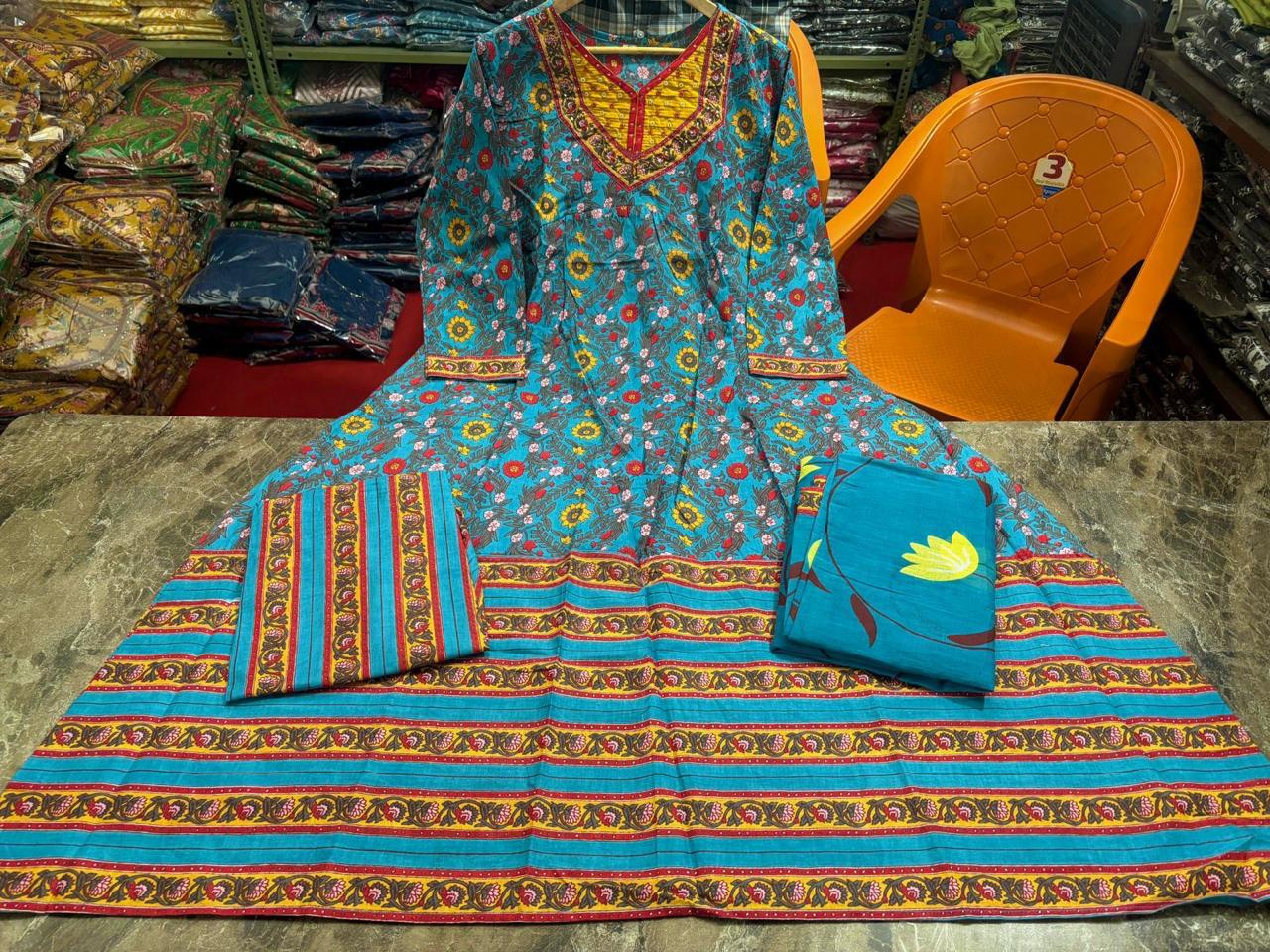 Women's Printed Cotton Anarkali kurta Pant and Dupatta Set