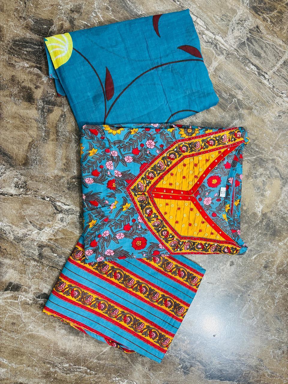 Women's Printed Cotton Anarkali kurta Pant and Dupatta Set