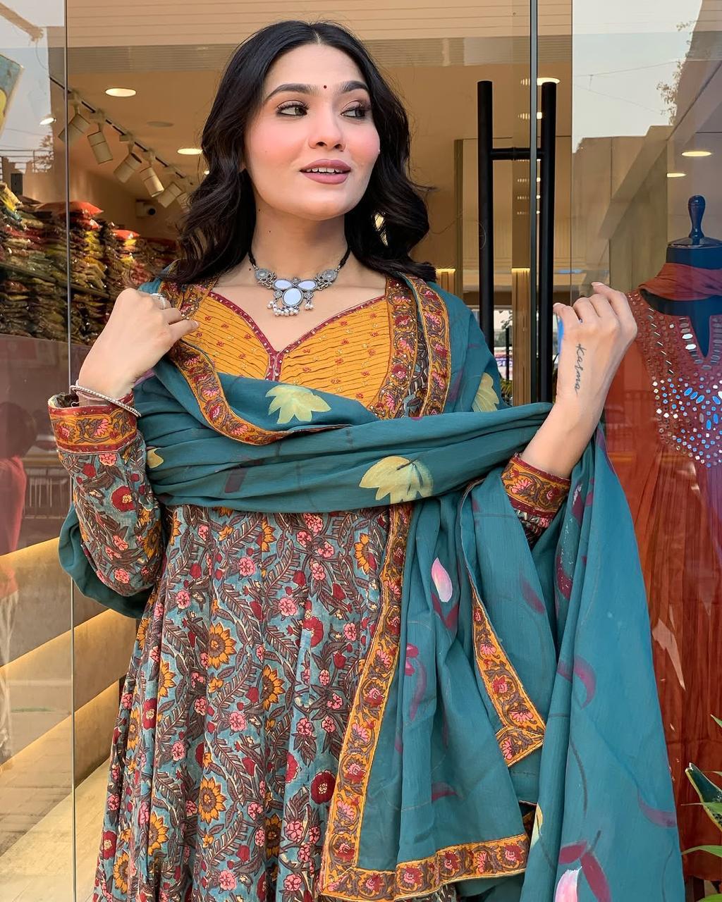 Women's Printed Cotton Anarkali kurta Pant and Dupatta Set