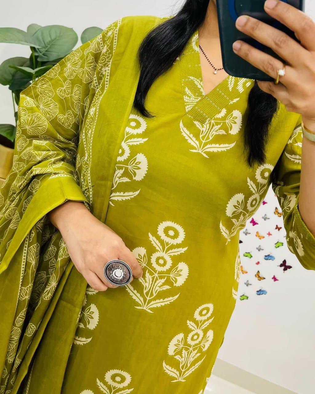 Royal Green Floral Kurta Pant and Dupatta Set