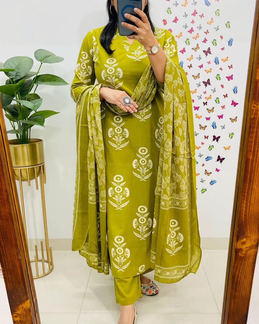 Royal Green Floral Kurta Pant and Dupatta Set