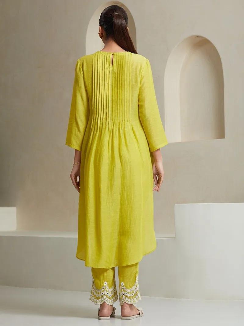 Yellow Embroidered Cotton Kurta and Pant Set with Dupatta
