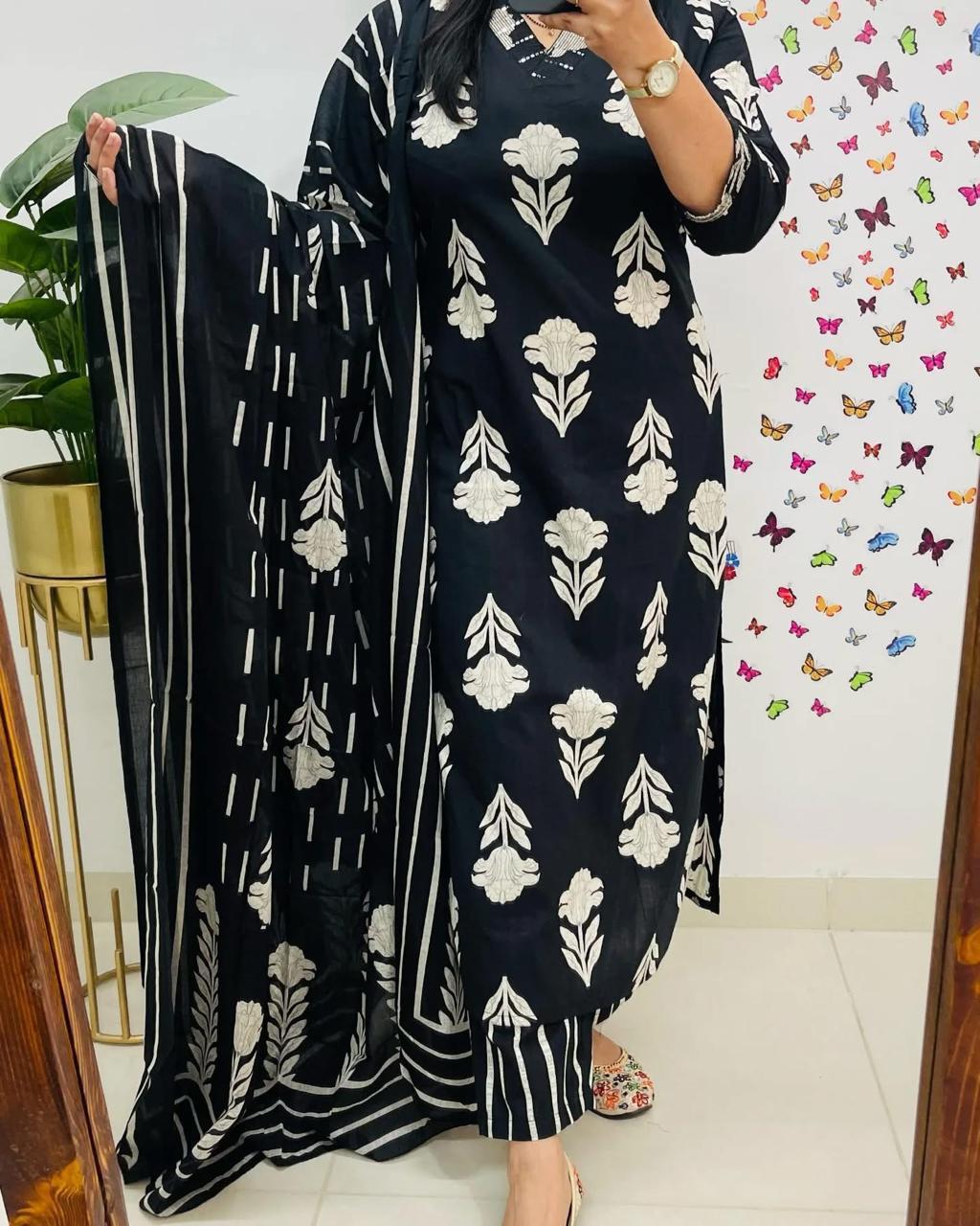 Midnight Breeze Cotton Kurta Set with Dupatta