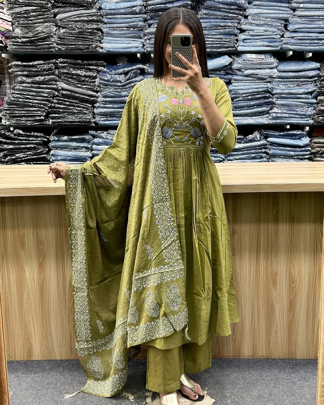 Beautiful Green Anarkali Kurti With Embroidery Work & Flair Cotton Dupatta