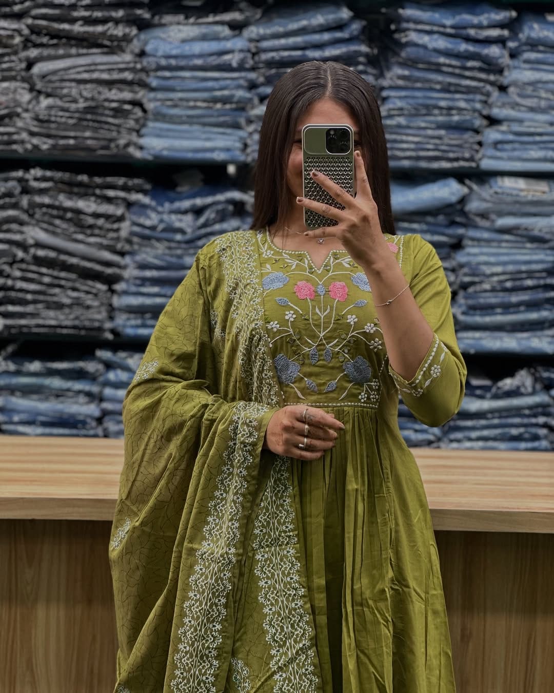 Beautiful Green Anarkali Kurti With Embroidery Work & Flair Cotton Dupatta