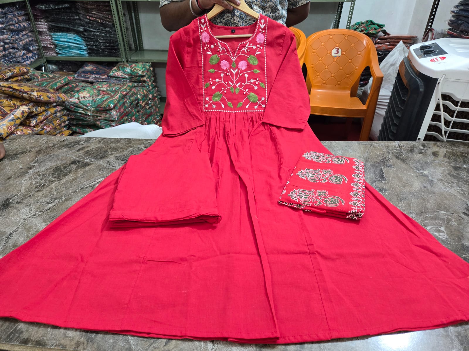 Red Beautiful Anarkali Kurti With Embroidery With Dupatta