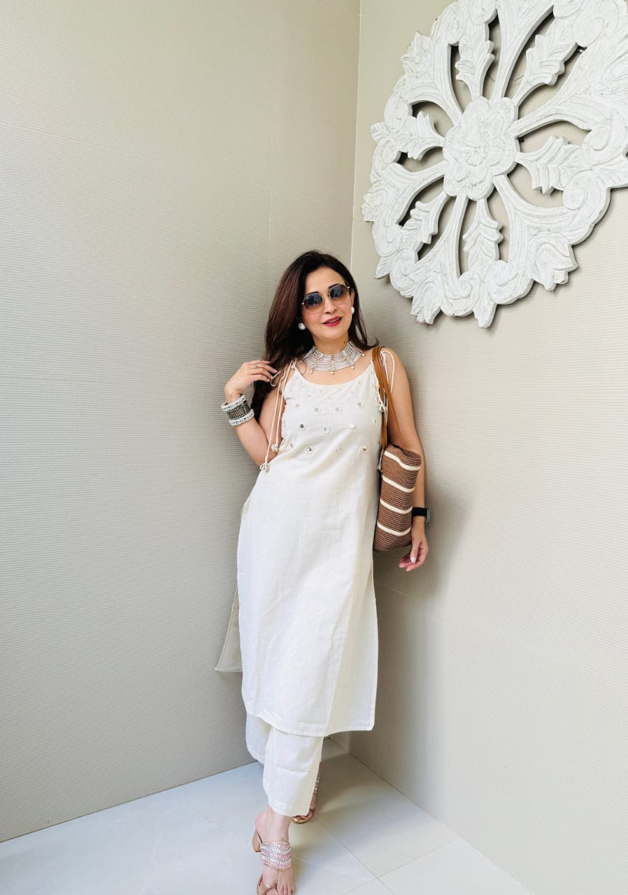 Beautiful White Slub Cotton Cord Set