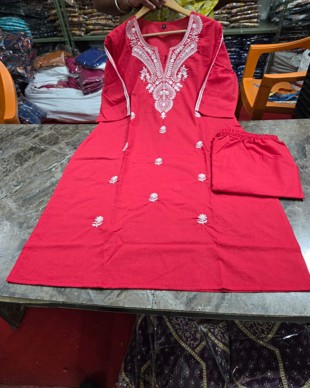 Beautiful Red Cotton Kurta Pant Set