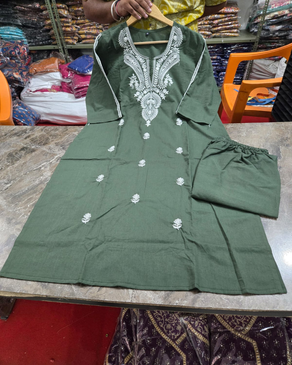 Beautiful Olive Green Cotton Kurta Pant Set
