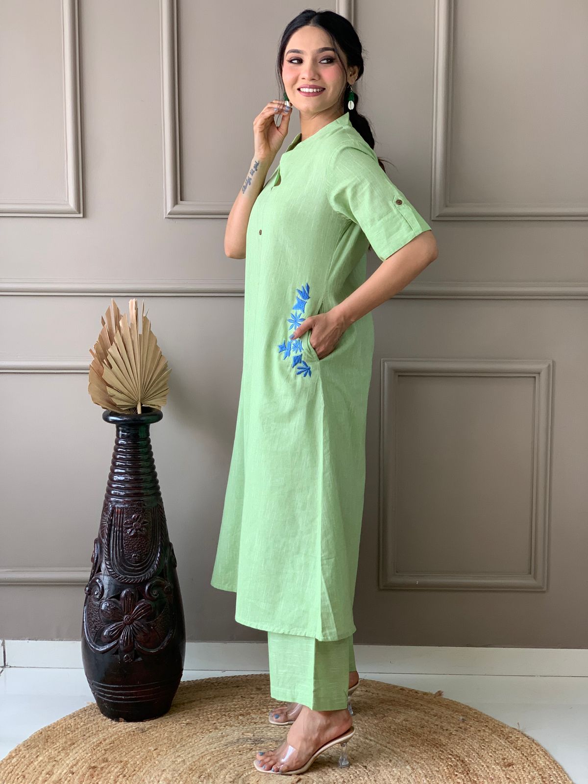 Pure cotton hand embroidered kurta palazzo co ord set