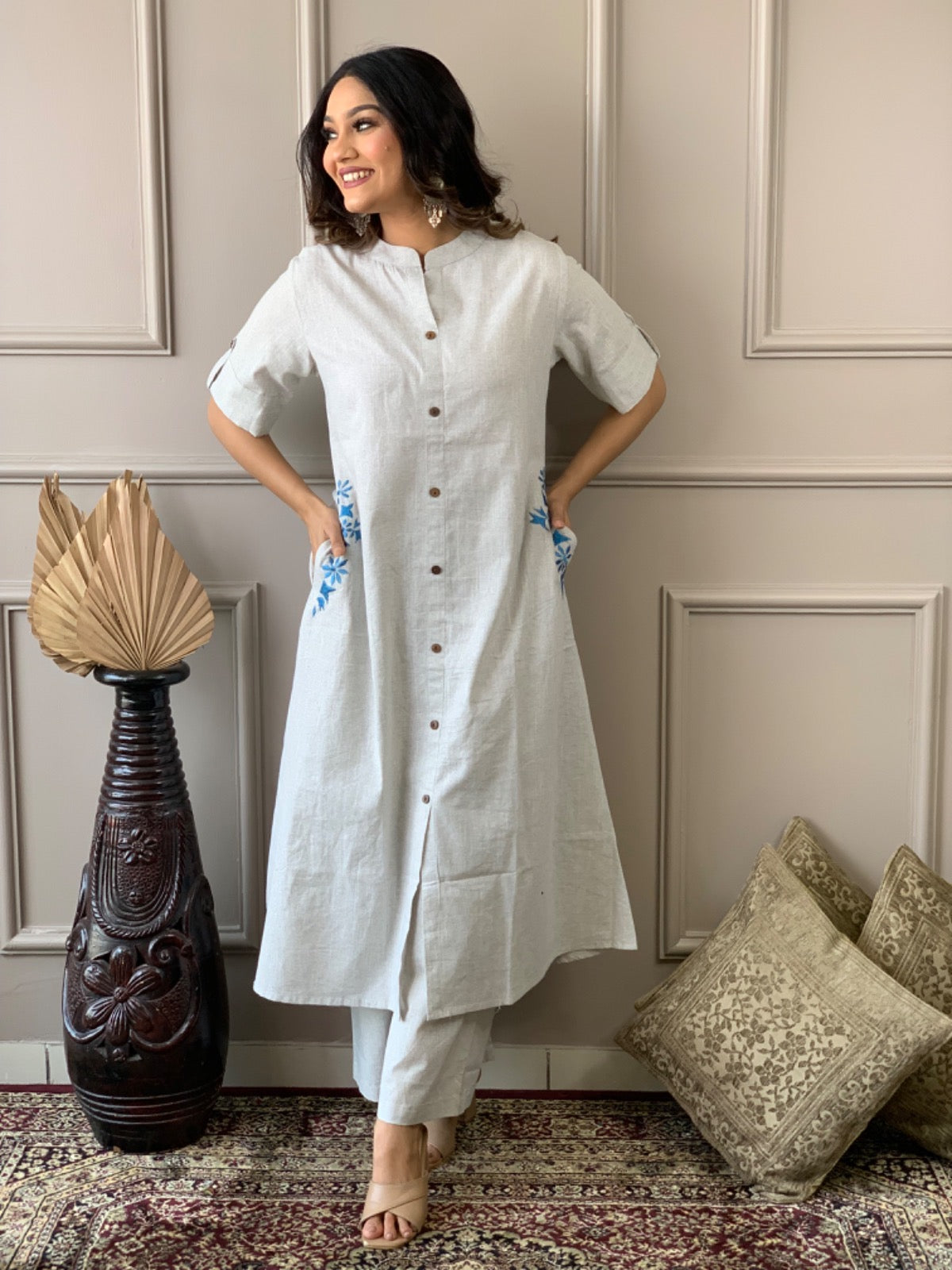 Pure cotton hand embroidered kurta palazzo co ord set