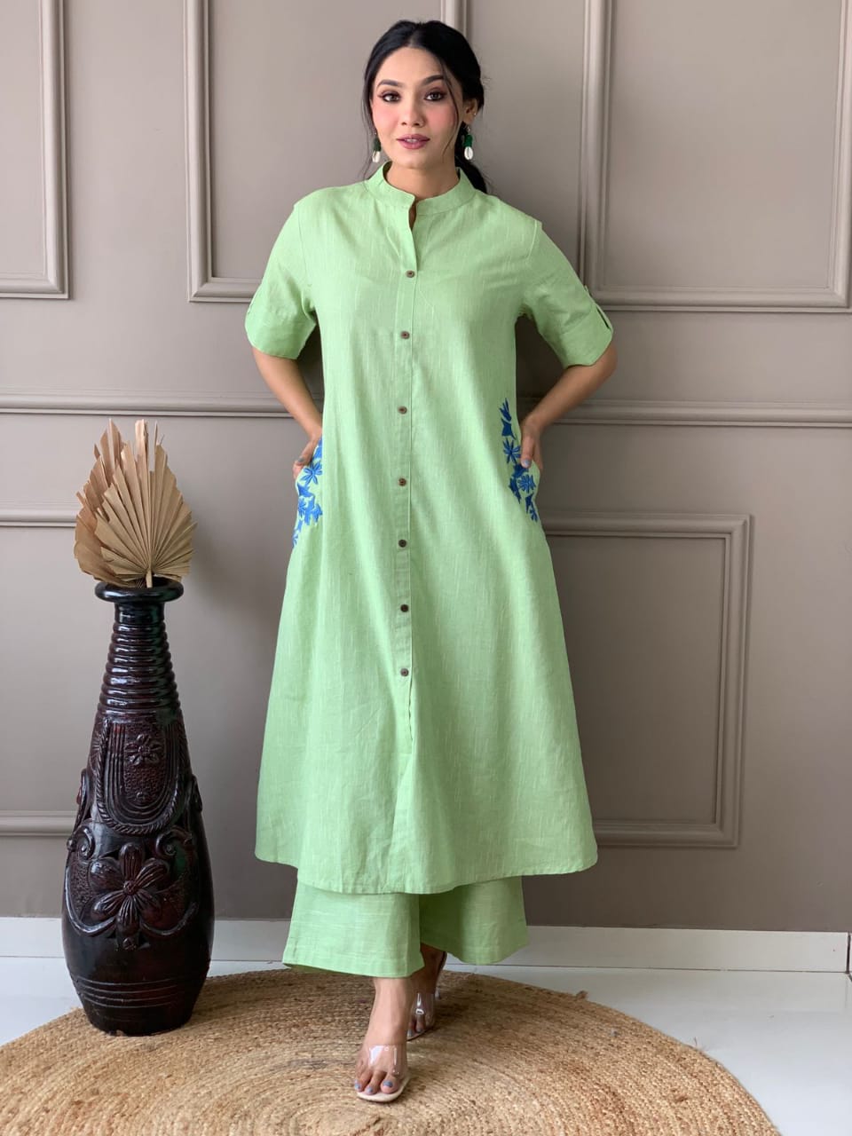 Pure cotton hand embroidered kurta palazzo co ord set