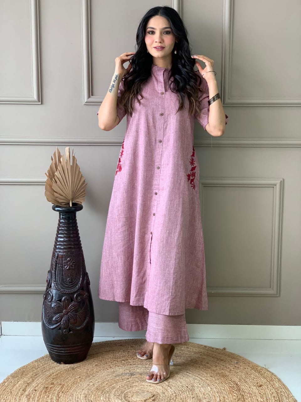 Pure cotton hand embroidered kurta palazzo co ord set