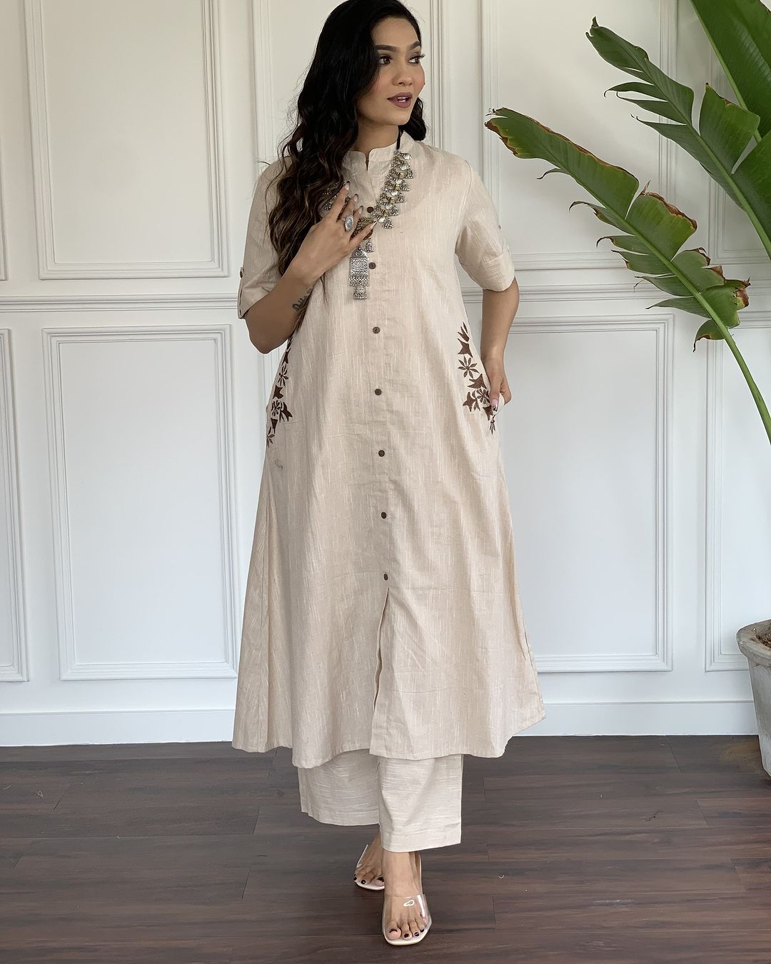 Pure cotton hand embroidered kurta palazzo co ord set