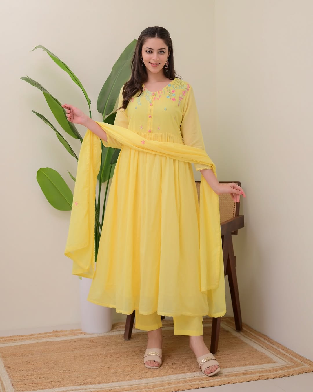 BEAUTIFUL COTTON A LINE KURTI PANT WITH DUPATTA SET