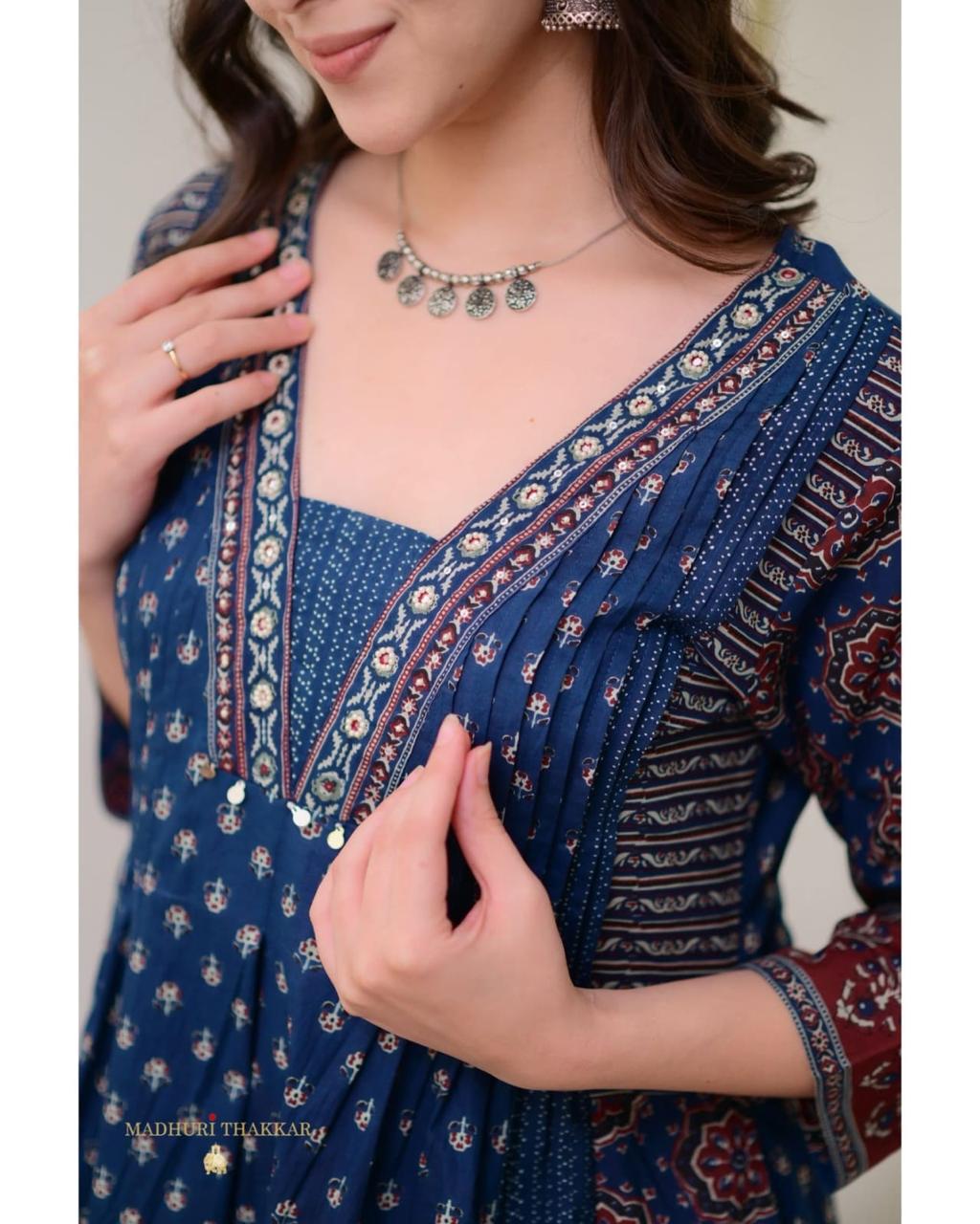 Women's Cotton Printed A Line Premium Kurti with Pant and Dupatta Set