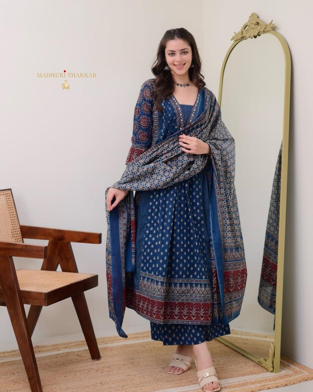 Women's Cotton Printed A Line Premium Kurti with Pant and Dupatta Set
