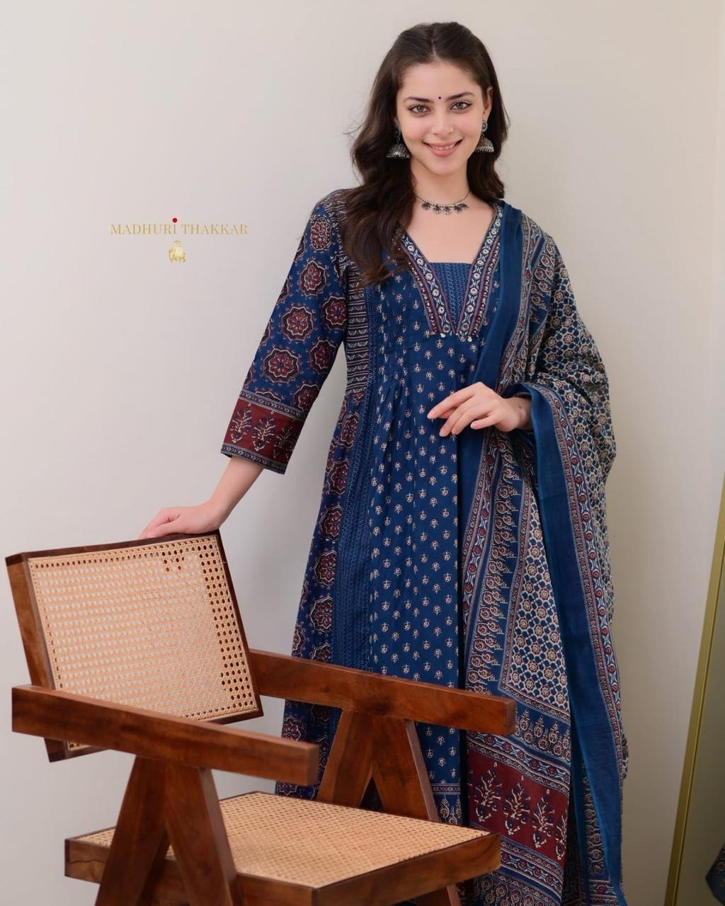 Women's Cotton Printed A Line Premium Kurti with Pant and Dupatta Set