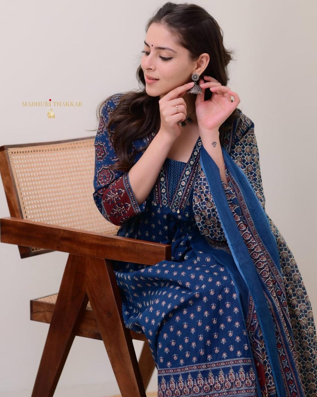 Women's Cotton Printed A Line Premium Kurti with Pant and Dupatta Set