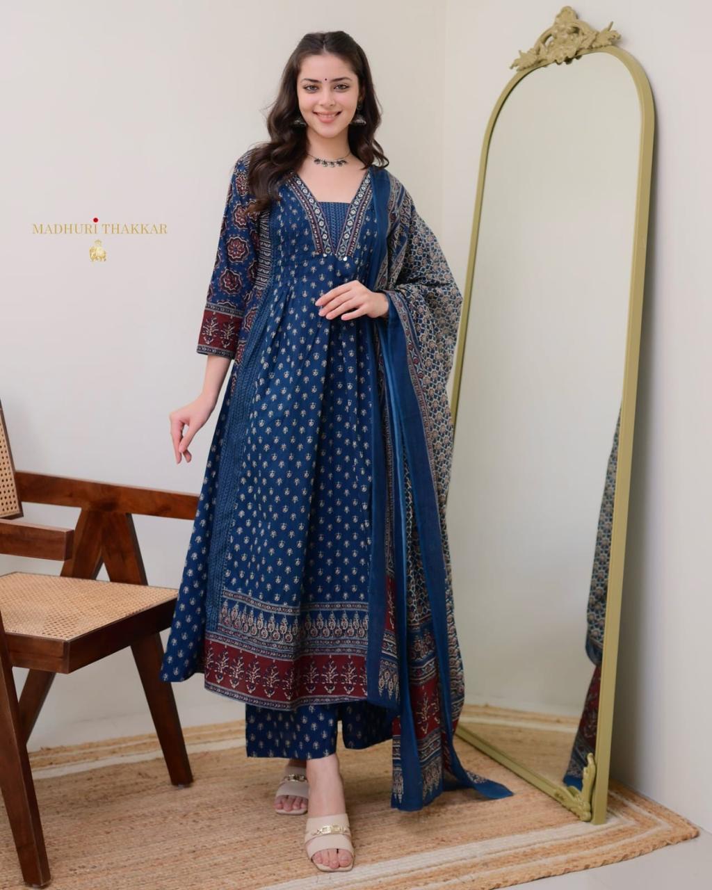Women's Cotton Printed A Line Premium Kurti with Pant and Dupatta Set