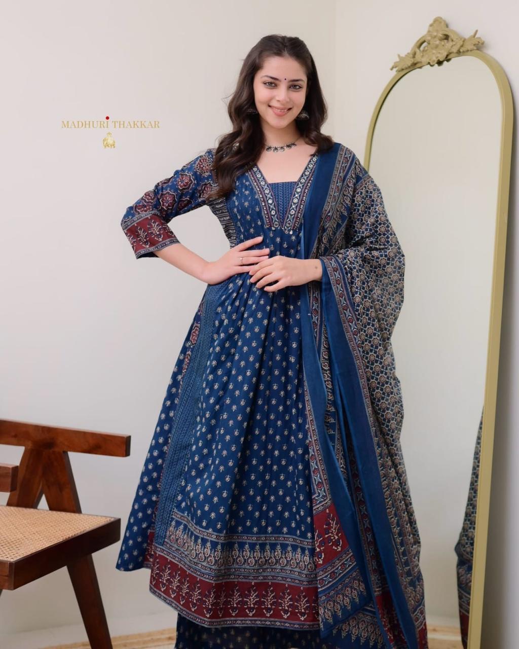 Women's Cotton Printed A Line Premium Kurti with Pant and Dupatta Set