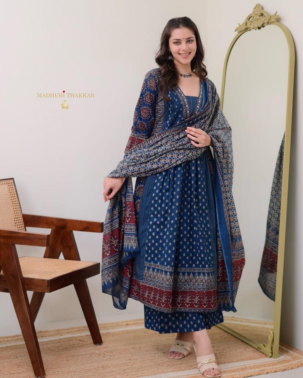 Women's Cotton Printed A Line Premium Kurti with Pant and Dupatta Set