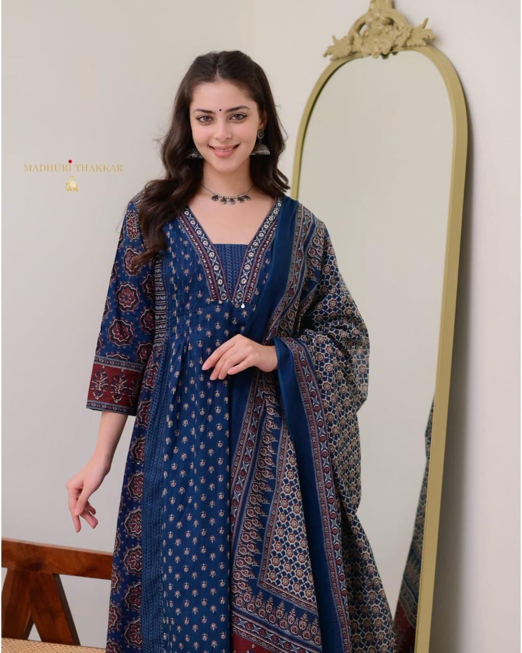 Women's Cotton Printed A Line Premium Kurti with Pant and Dupatta Set