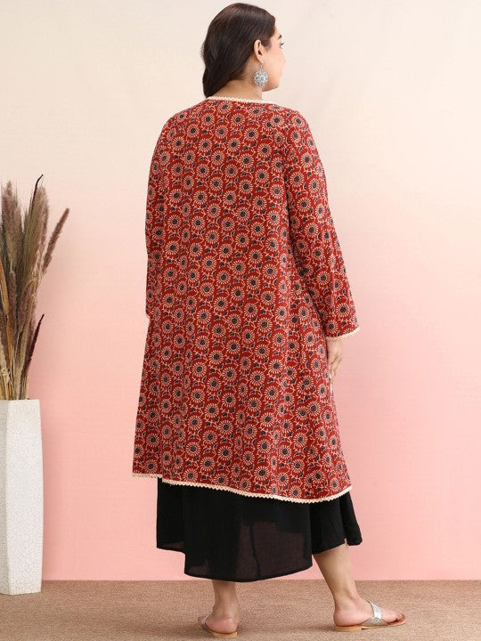 Plus Size Geometric Printed Cotton Anarkali Kurta With Jacket