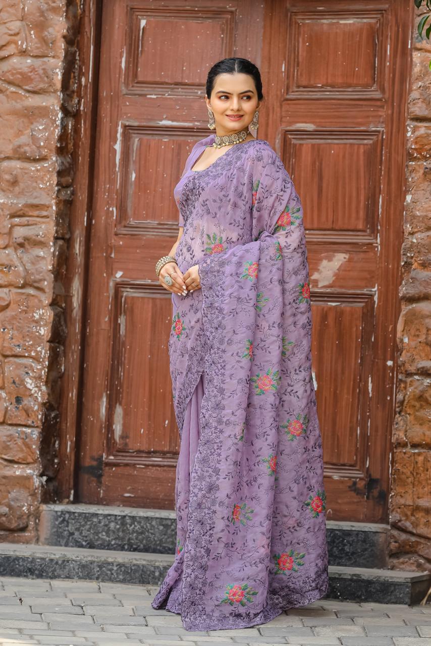 Pure Shiny Zari Chiffon Saree With Beautiful Work