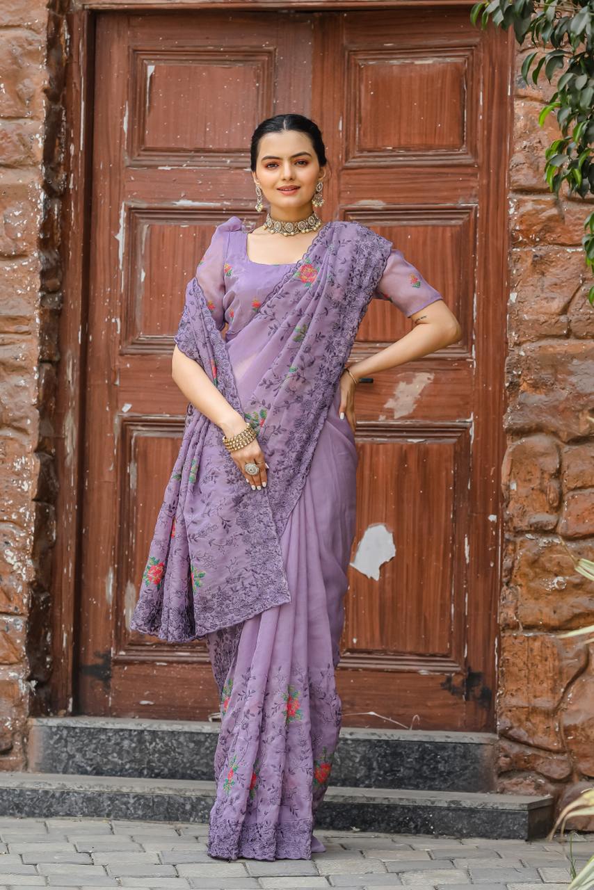 Pure Shiny Zari Chiffon Saree With Beautiful Work