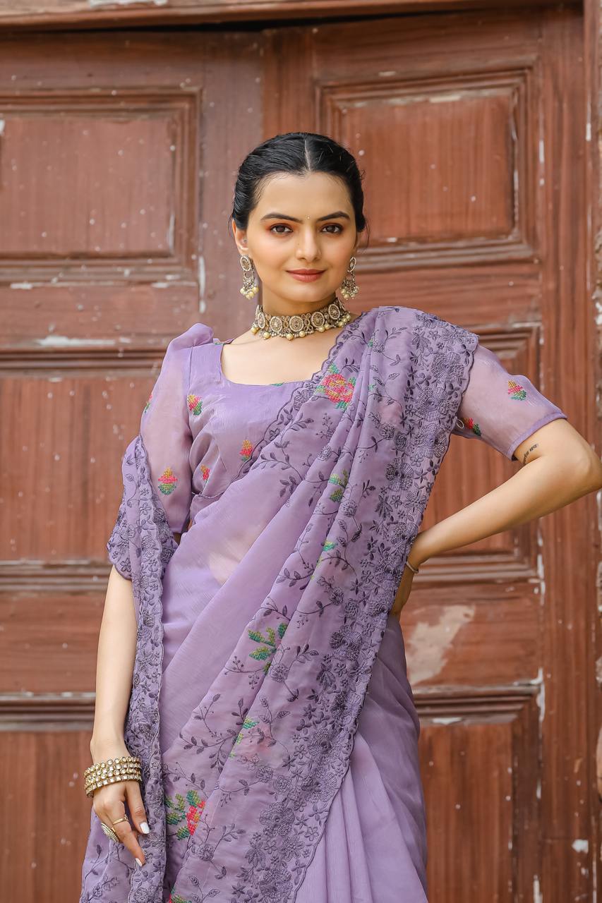 Pure Shiny Zari Chiffon Saree With Beautiful Work