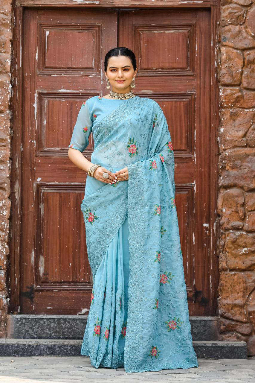 Pure Shiny Zari Chiffon Saree With Beautiful Work