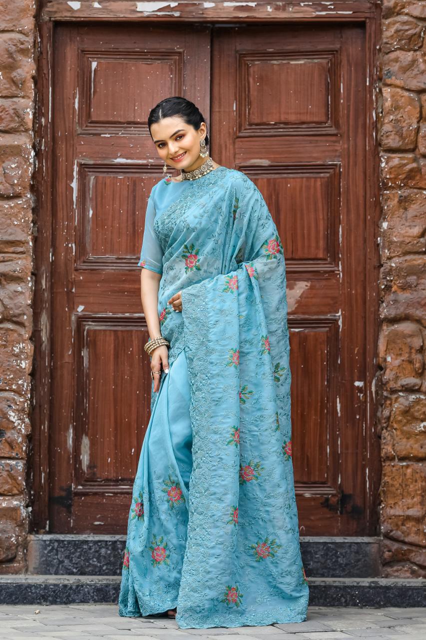 Pure Shiny Zari Chiffon Saree With Beautiful Work
