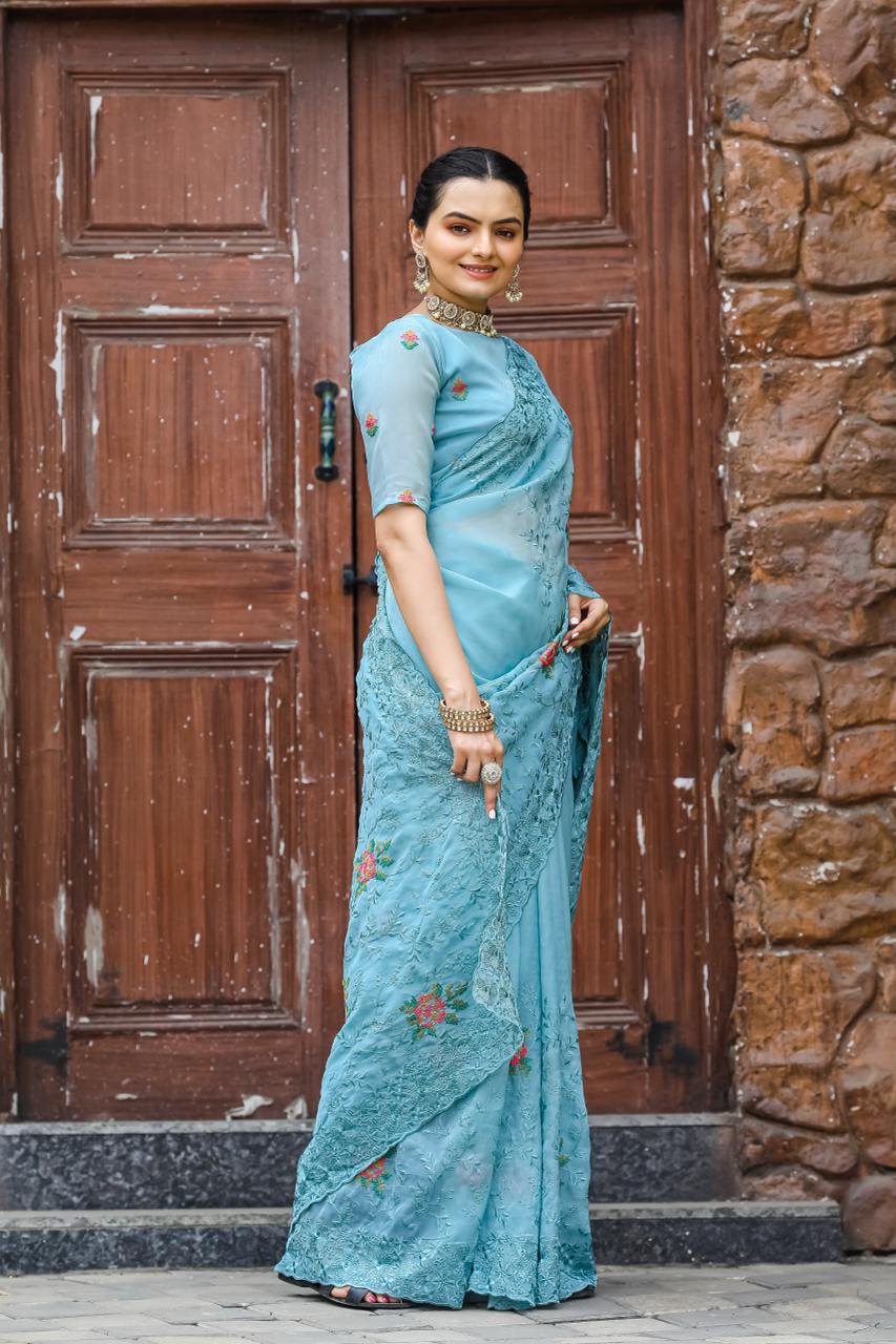 Pure Shiny Zari Chiffon Saree With Beautiful Work