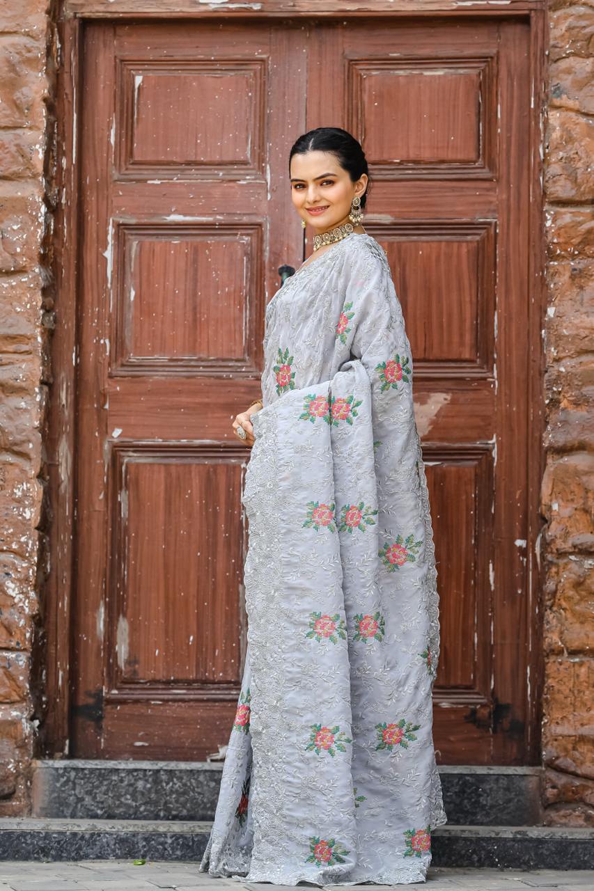 Pure Shiny Zari Chiffon Saree With Beautiful Work