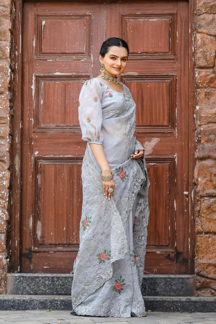 Pure Shiny Zari Chiffon Saree With Beautiful Work